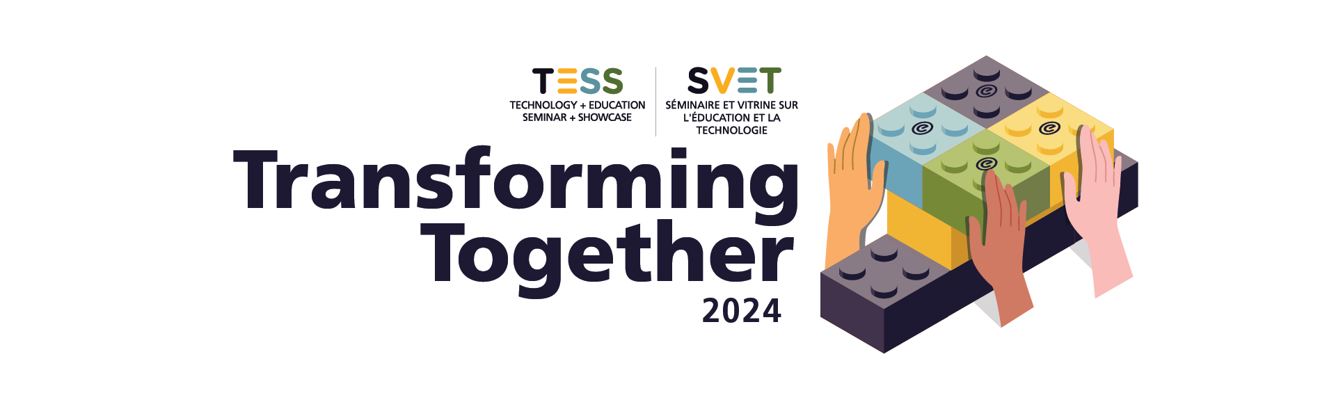 TESS SVET Transforming Together 2024 Logo. Image of lego blocks with diverse hands building together.